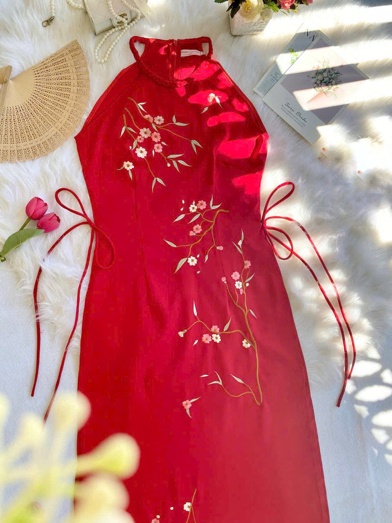Floral Embroidery Sleeveless Red Ao Dai No Pants | Modern Yếm Inspired Ao Dai H33