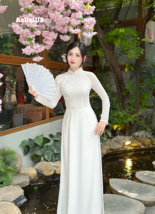 White Ao Dai with 3D Floral Embellishments and Crystals Set | Traditional Vietnamese Ao Dai | No Headband A51
