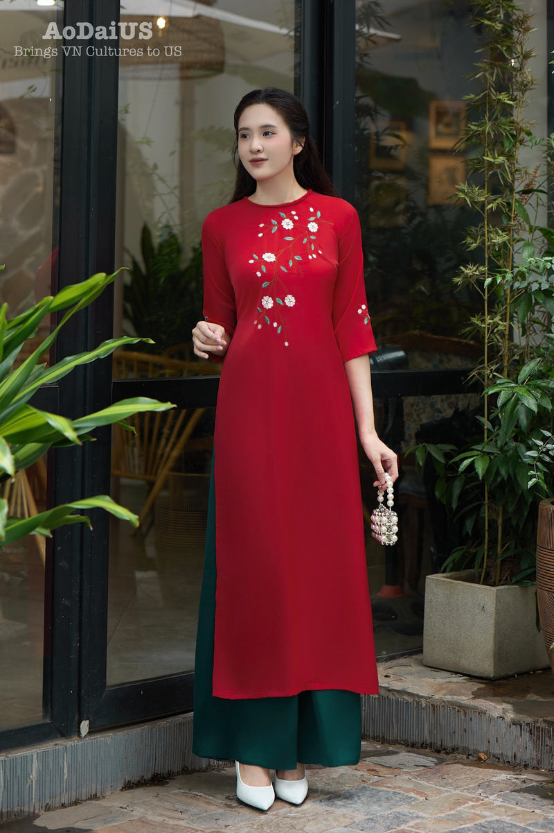 Red Floral Vietnamese Modernized Dress | Áo Dài Cách Tân E20