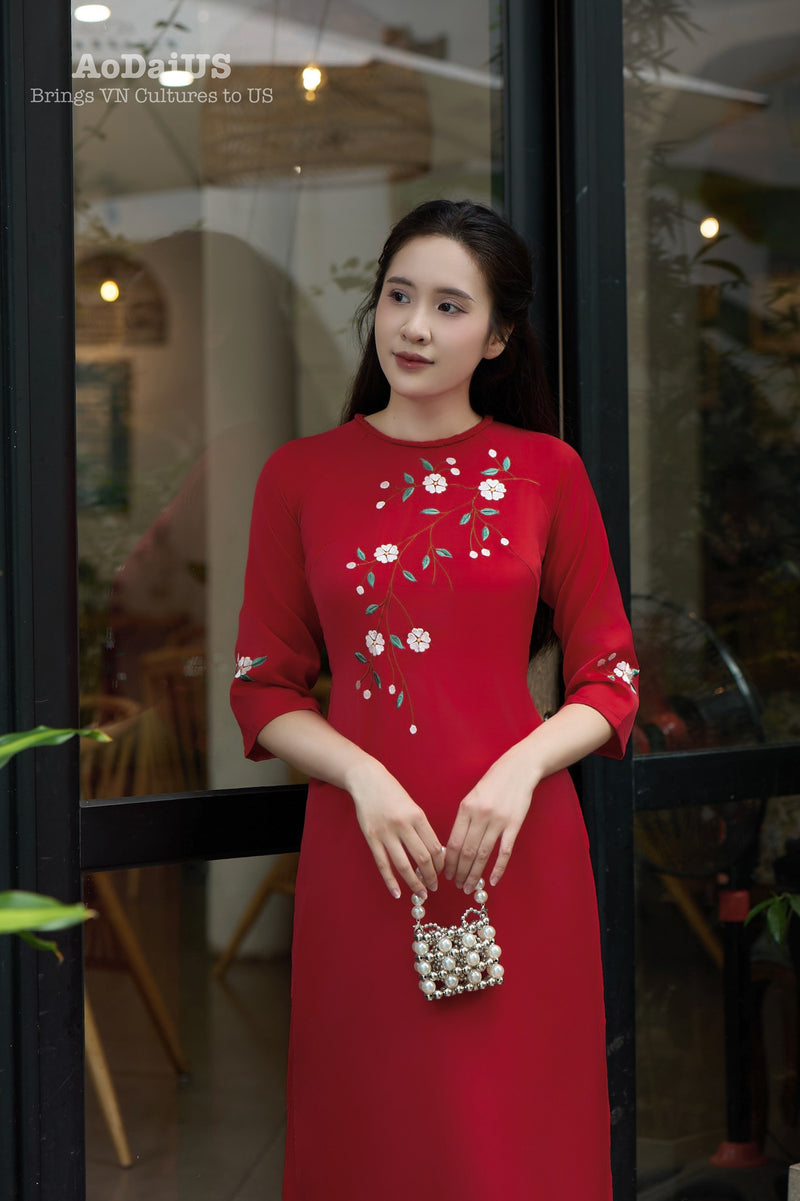 Red Floral Vietnamese Modernized Dress | Áo Dài Cách Tân E20