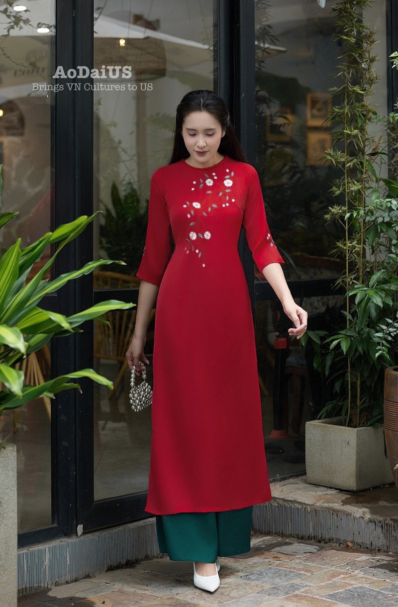 Red Floral Vietnamese Modernized Dress | Áo Dài Cách Tân E20