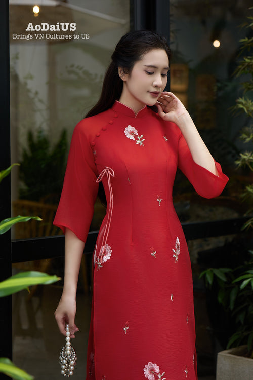 Red Floral Vietnamese Modernized Dress | Áo Dài Cách Tân I13
