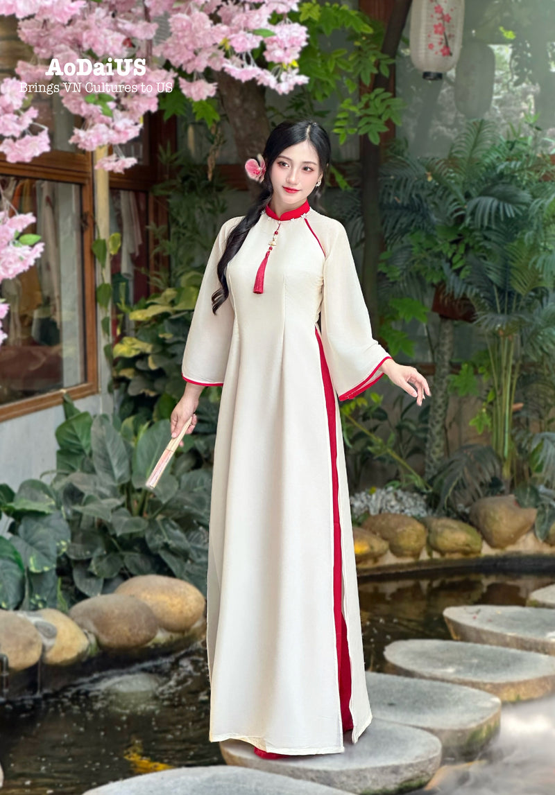 Beige Ao Dai No Pants | Modern Vietnamese Ao Dai | Bridesmaid Ao Dai E4