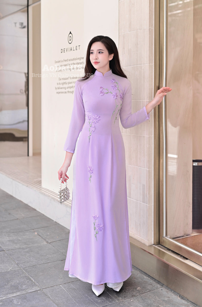 Purple Floral Modern Vietnamese Ao Dai No Pants | Áo Dài Truyền Thống D7