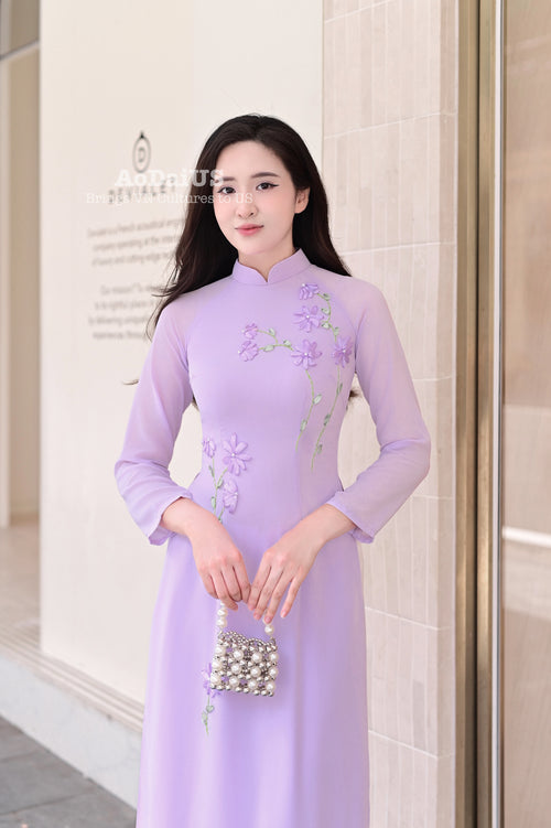 Purple Floral Modern Vietnamese Ao Dai No Pants | Áo Dài Truyền Thống D7