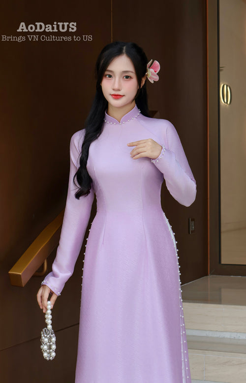Purple Plain Vietnamese Ao Dai with Pearls No Pants B8