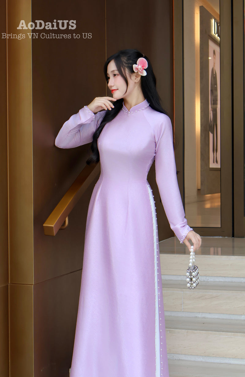 Purple Plain Vietnamese Ao Dai with Pearls No Pants B8