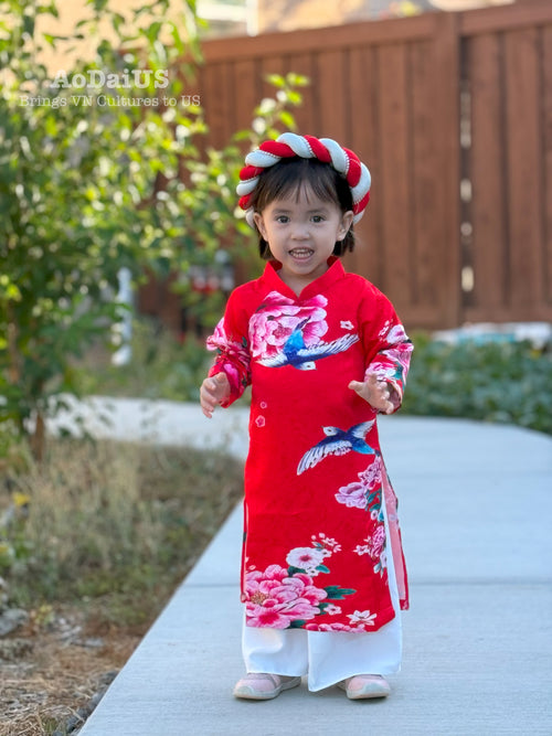 Red Floral Bloom Vietnamese Áo Dài Dress | Áo Dài Bé Gái D19