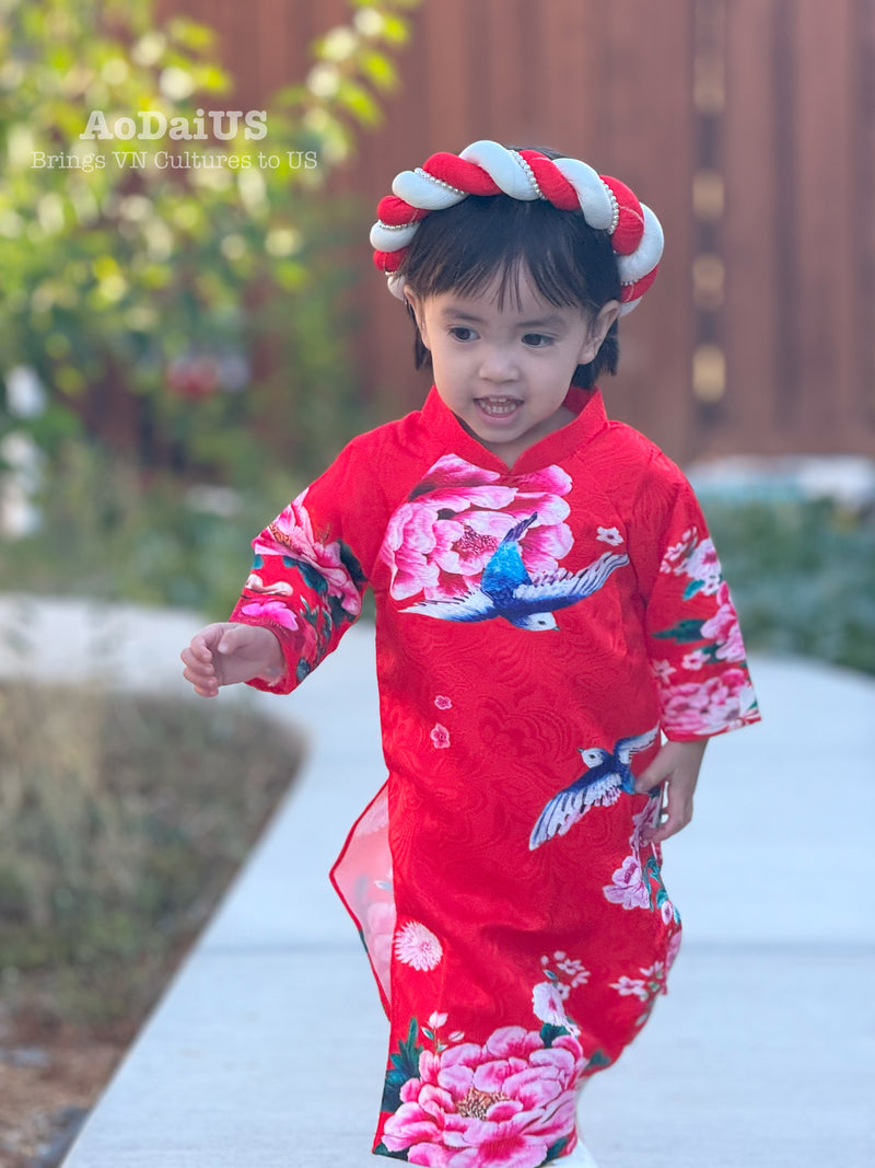 Red Floral Bloom Vietnamese Áo Dài Dress | Áo Dài Bé Gái D19