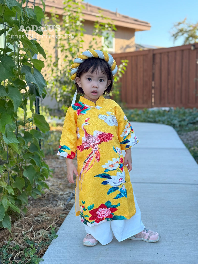 Yellow Phoenix Bloom Vietnamese Girl Dress | Áo Dài Bé Gái D22