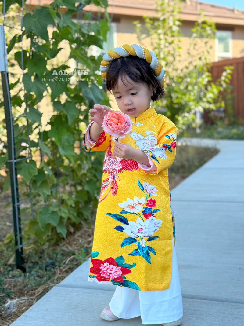 Yellow Phoenix Bloom Vietnamese Girl Dress | Áo Dài Bé Gái D22