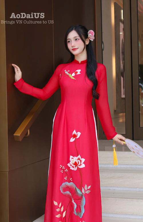 Red Lotus Traditional Vietnamese Ao Dai | Áo Dài Truyền Thống D25