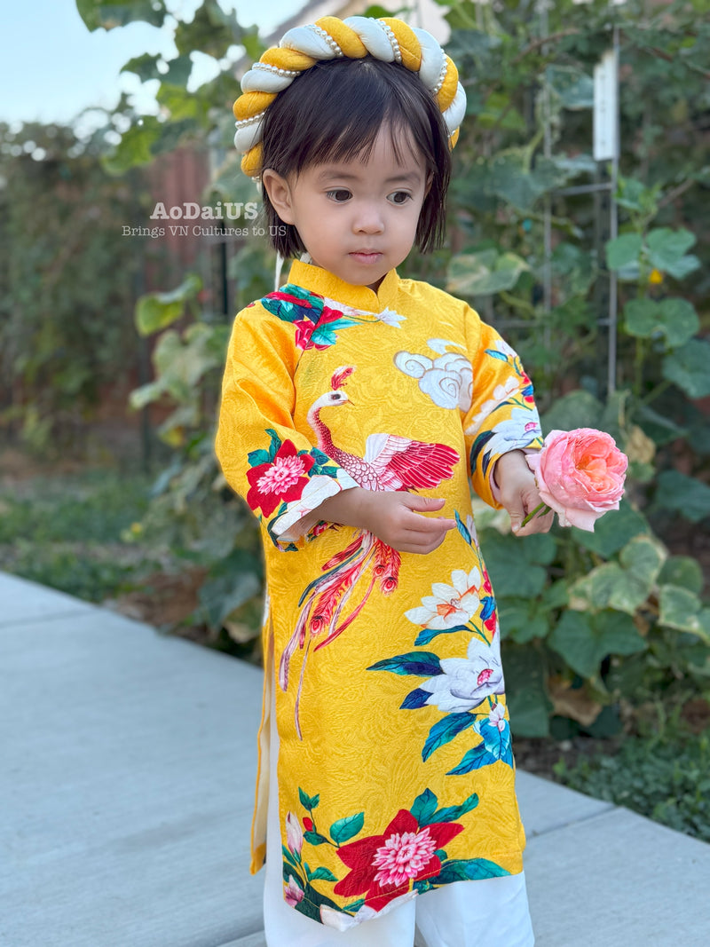 Yellow Phoenix Bloom Vietnamese Girl Dress | Áo Dài Bé Gái D22
