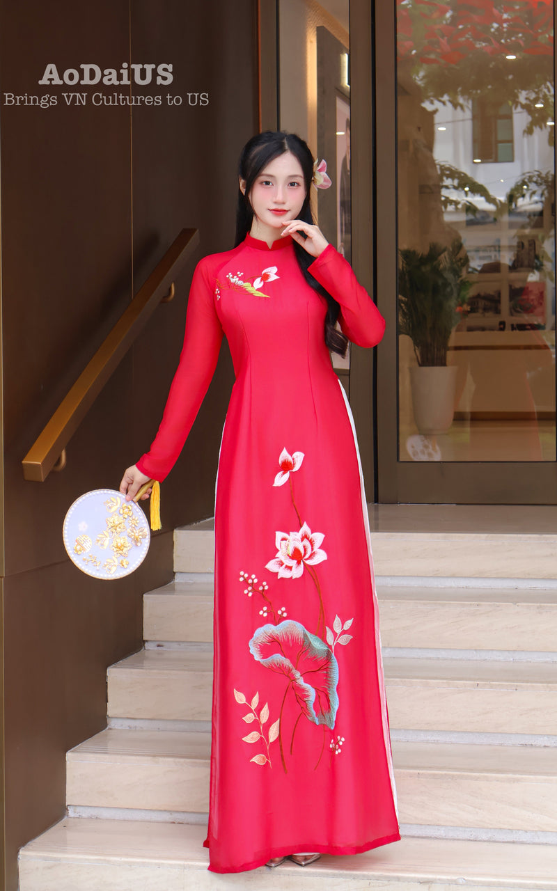 Red Lotus Traditional Vietnamese Ao Dai | Áo Dài Truyền Thống D25
