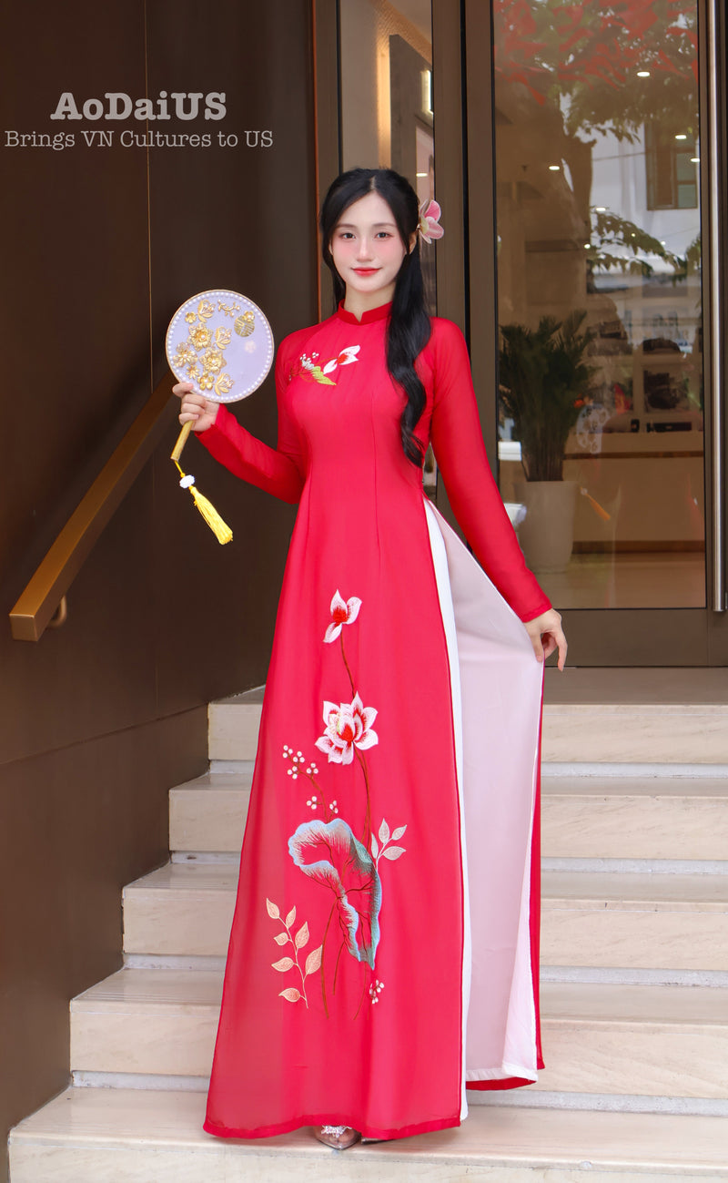 Red Lotus Traditional Vietnamese Ao Dai | Áo Dài Truyền Thống D25