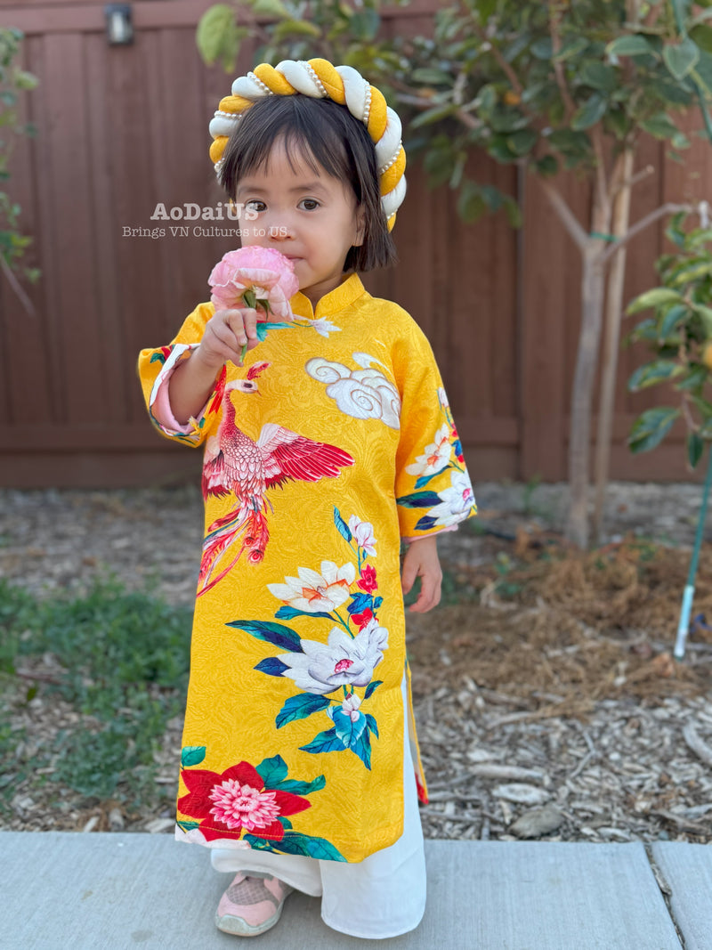 Yellow Phoenix Bloom Vietnamese Girl Dress | Áo Dài Bé Gái D22