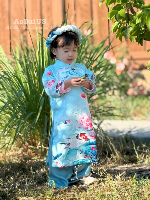 Blue Lotus Serenity Girl Ao Dai | Áo Dài Bé gái D5