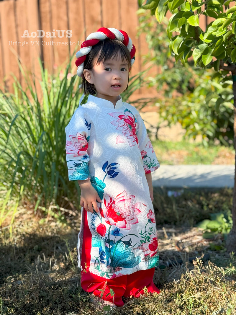 White Lotus Bloom Vietnamese Girl Dress | Áo Dài Bé Gái D21
