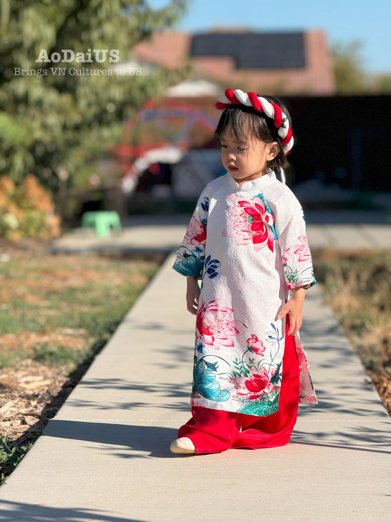 White Lotus Bloom Vietnamese Girl Dress | Áo Dài Bé Gái D21