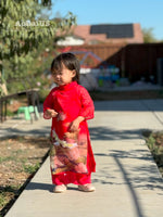 Red Sparkle Lotus Crane Vietnamese Girl Dress | Áo Dài Bé Gái D28