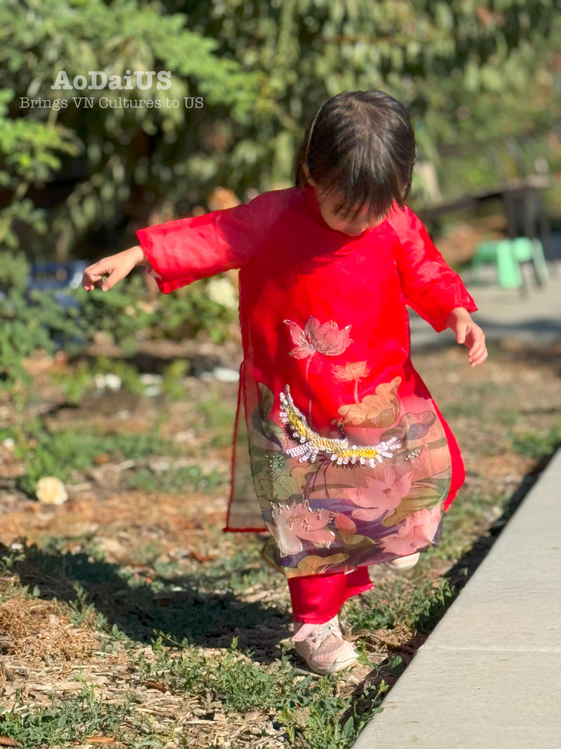 Red Sparkle Lotus Crane Vietnamese Girl Dress | Áo Dài Bé Gái D28