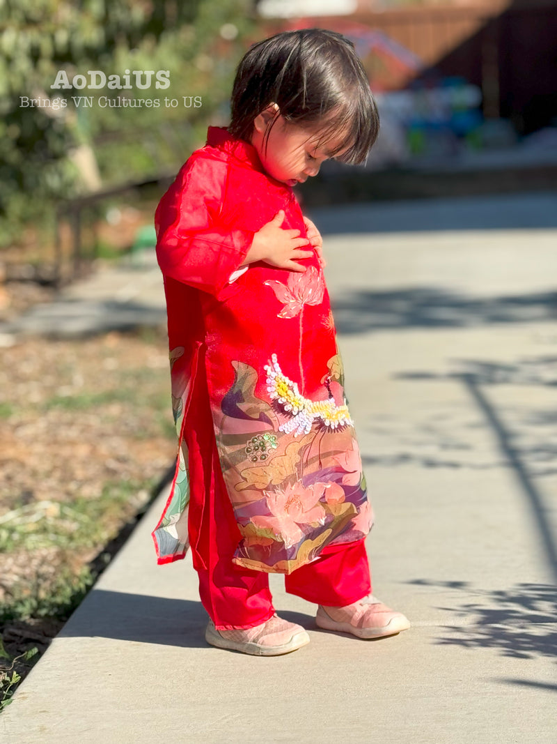 Red Sparkle Lotus Crane Vietnamese Girl Dress | Áo Dài Bé Gái D28
