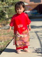 Red Sparkle Lotus Crane Vietnamese Girl Dress | Áo Dài Bé Gái D28