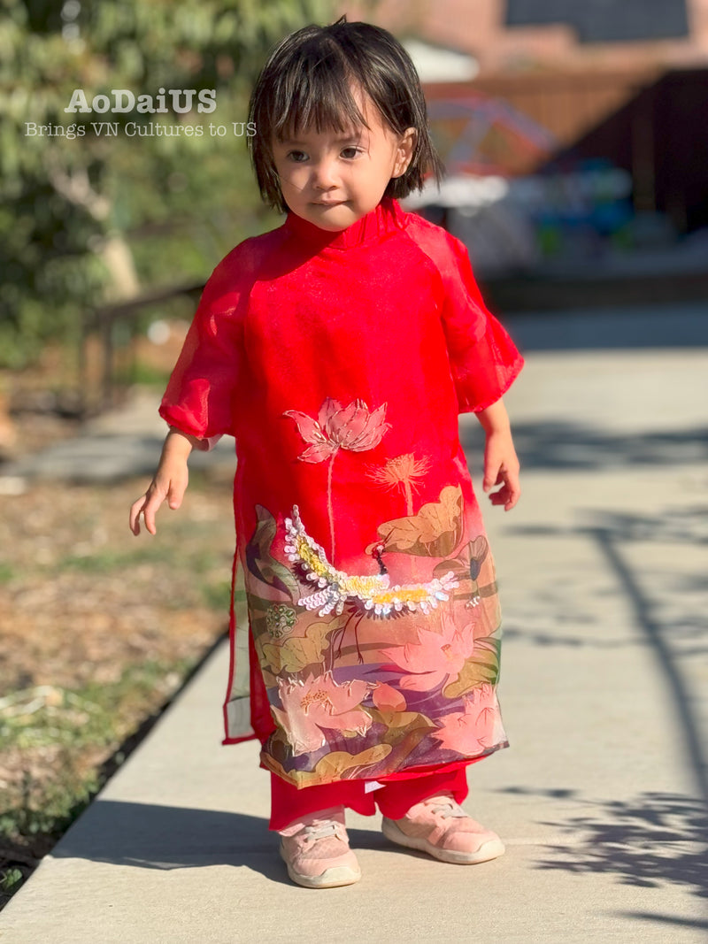 Red Sparkle Lotus Crane Vietnamese Girl Dress | Áo Dài Bé Gái D28