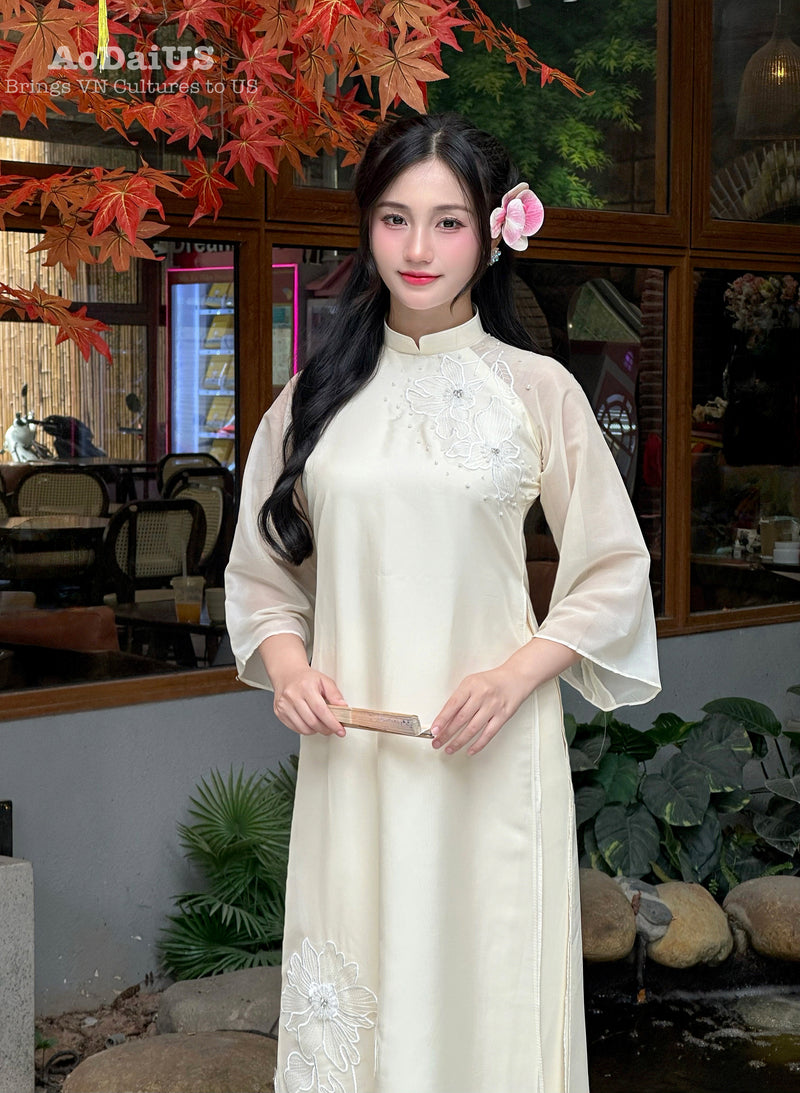 Golden Sand Bloom Modern Vietnamese Ao Dai Set C4