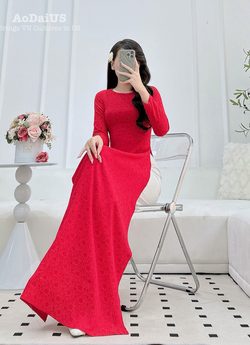 Red Daisy Traditional Ao Dai Gấm No Pants | Women Vietnamese Dress J12