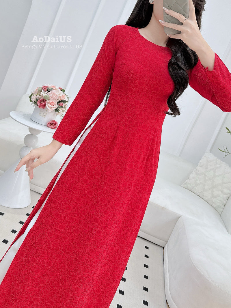 Red Daisy Traditional Ao Dai Gấm No Pants | Women Vietnamese Dress J12