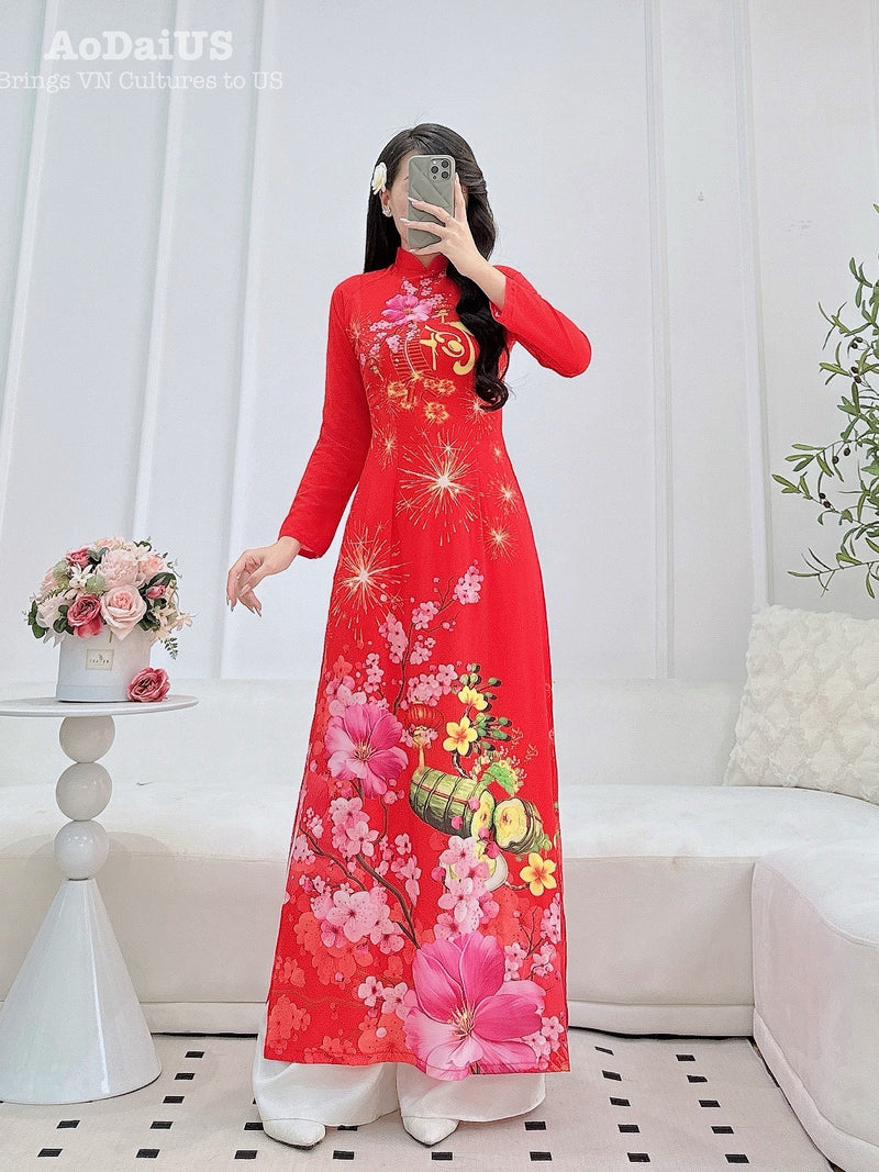 はがけい Lucky Tet Fireworks Floral Vietnamese Ao Dai – Traditional Silk
