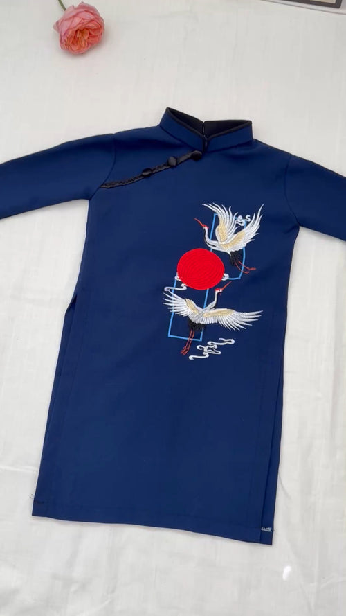Blue Crane Embroidery Ao Dai Kid | Áo Dài Bé Trai C23