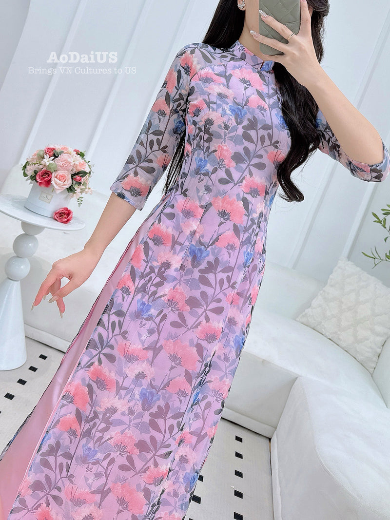 Purple Bloom Modern Vietnamese Ao Dai Set D13