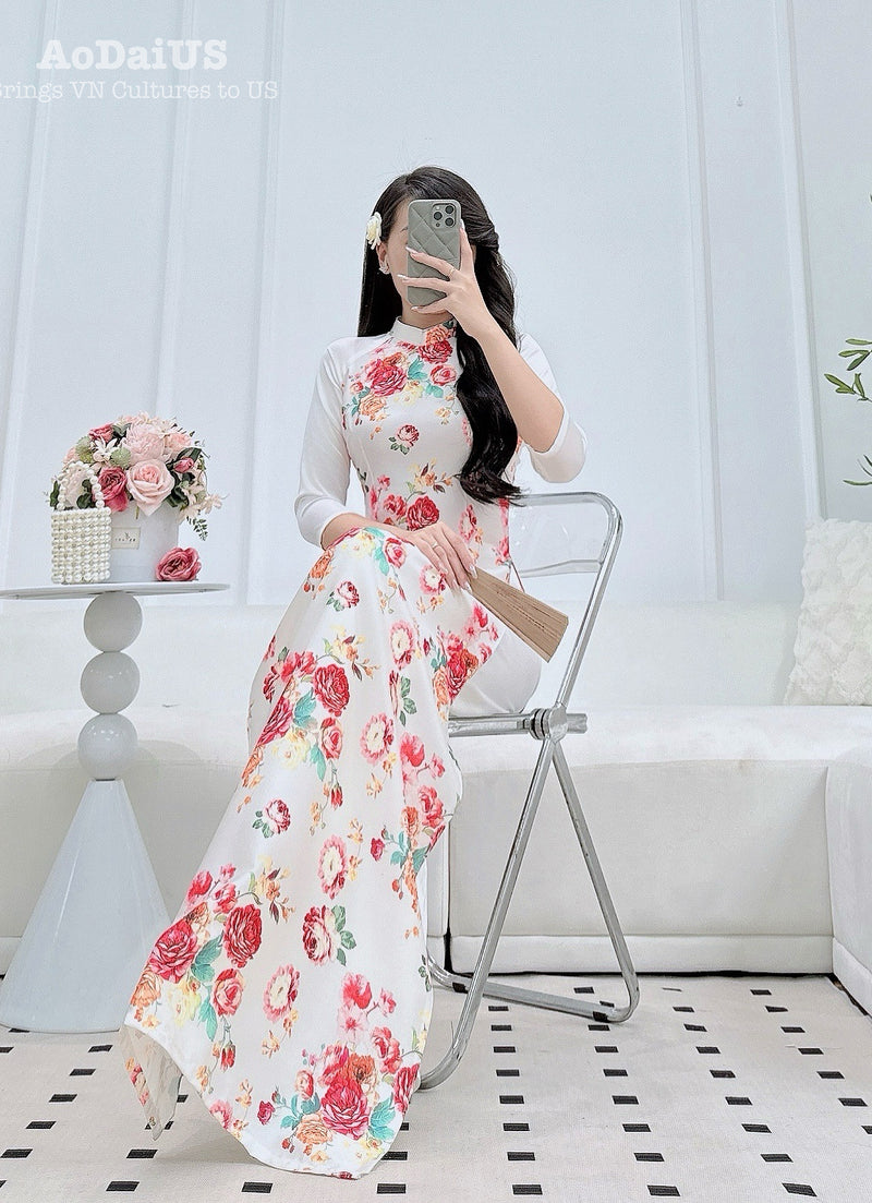 Rosa Vietnamese Traditional Ao Dai No Pants | Áo Dài Truyền Thống G16