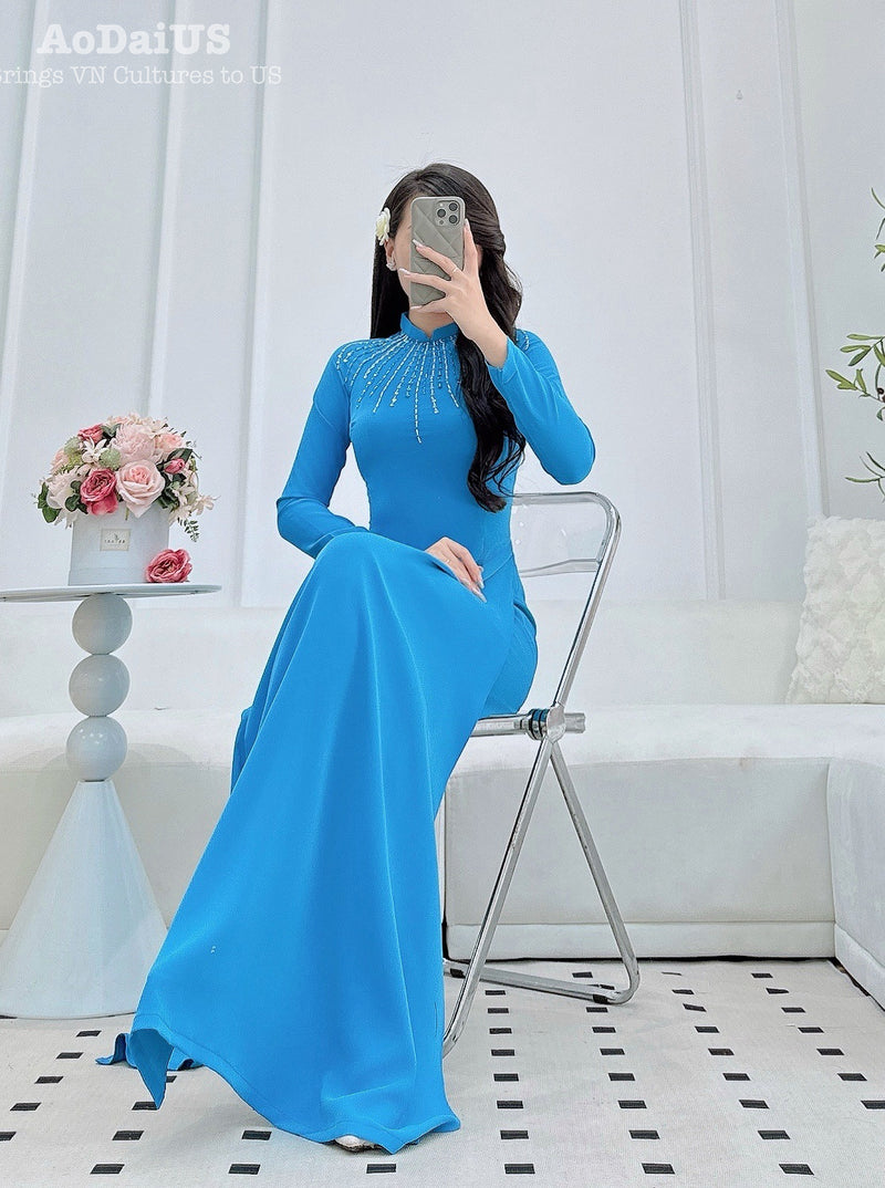 Our Lady with Sparkling Blue Crystal Stones Traditional Vietnamese Ao Dai Set A19