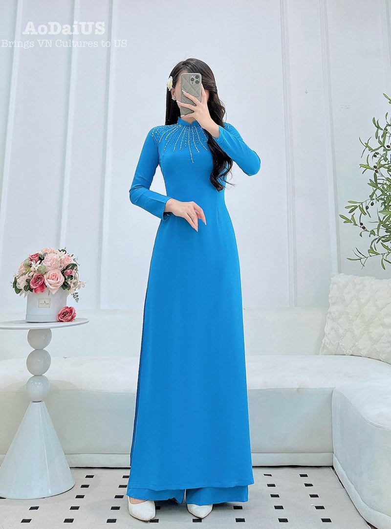 Our Lady with Sparkling Blue Crystal Stones Traditional Vietnamese Ao Dai Set A19