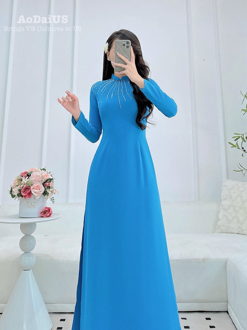 Our Lady with Sparkling Blue Crystal Stones Traditional Vietnamese Ao Dai Set A19