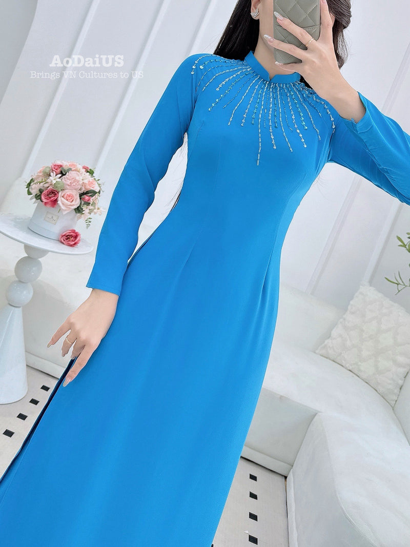 Our Lady with Sparkling Blue Crystal Stones Traditional Vietnamese Ao Dai Set A19