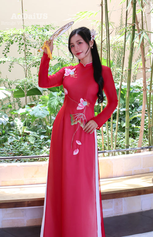 Red Lotus Traditional Vietnamese Ao Dai | Áo Dài Truyền Thống B23