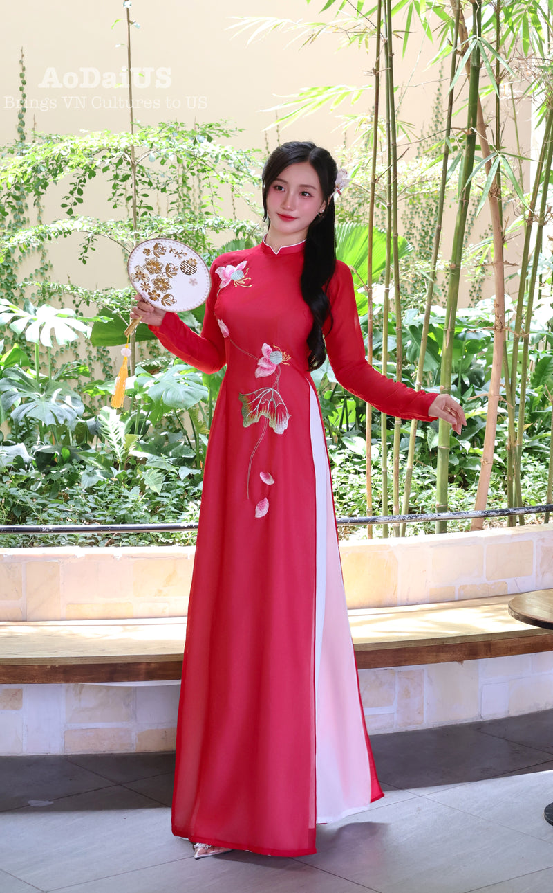Red Lotus Traditional Vietnamese Ao Dai | Áo Dài Truyền Thống B23