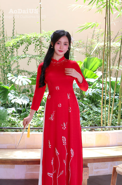 Red Floral Traditional Vietnamese Ao Dai with Hand-Beaded Crystals No pants F39
