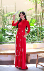 Red Floral Traditional Vietnamese Ao Dai with Hand-Beaded Crystals No pants F39
