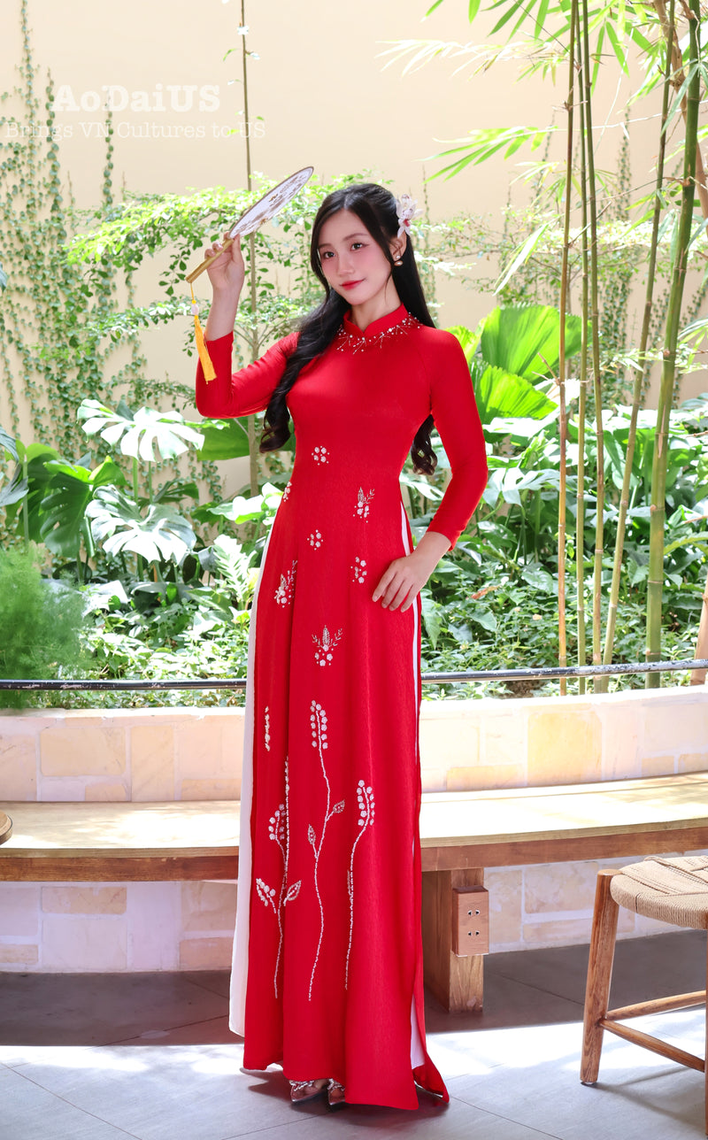 Red Floral Traditional Vietnamese Ao Dai with Hand-Beaded Crystals No pants F39
