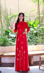 Red Floral Traditional Vietnamese Ao Dai with Hand-Beaded Crystals No pants F39