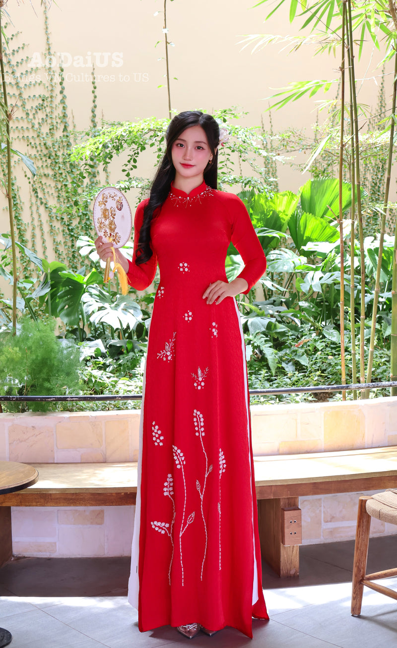 Red Floral Traditional Vietnamese Ao Dai with Hand-Beaded Crystals No pants F39