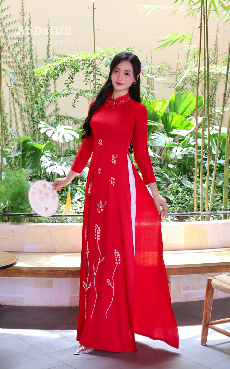 Red Floral Traditional Vietnamese Ao Dai with Hand-Beaded Crystals No pants F39