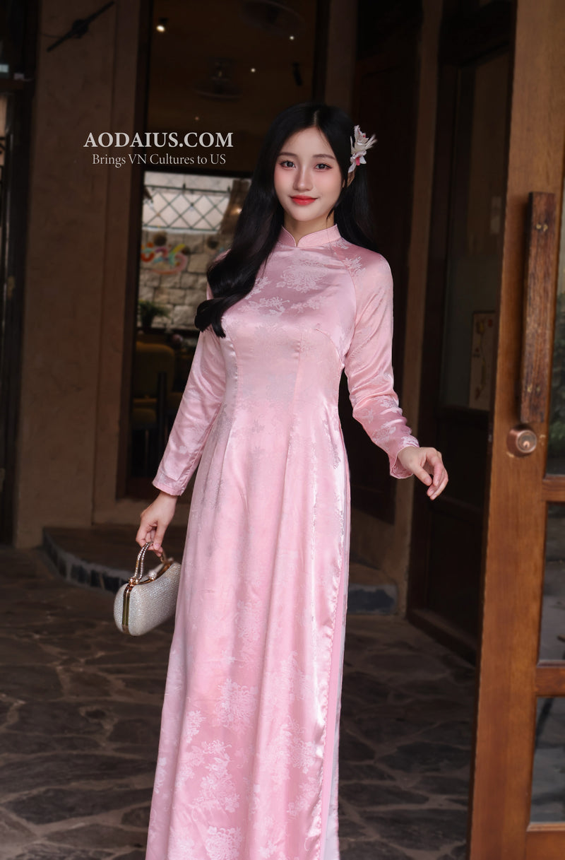 vietnamese long dress Pink Floral Gam Ao Dai Set | Traditional Color:Damson Most of the dresses Sheer long-sleeved bodice flage Print i ss