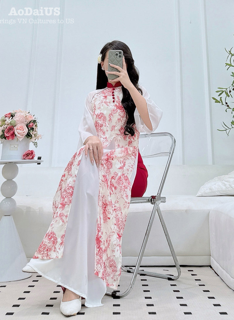 Crimson Bloom Matching Mother & Daughter Áo Dài | Vietnamese Family Ao Dai H49
