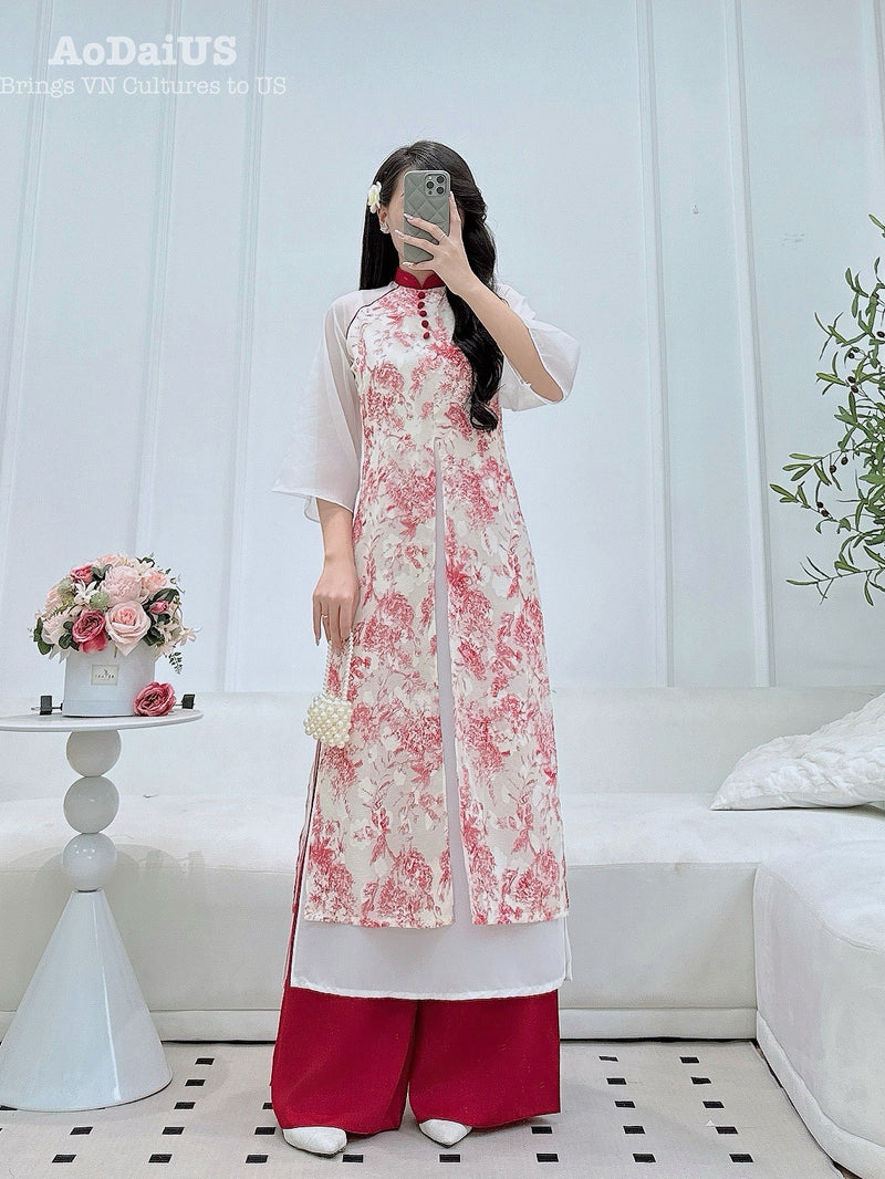 Crimson Bloom Matching Mother & Daughter Áo Dài | Vietnamese Family Ao Dai H49
